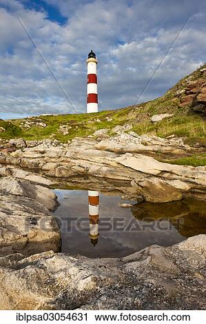 Stock Image - "Lighthouse with reflections, Tarbat Ness, Scotland, United Kingdom, Europe". Fotosearch