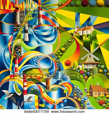 Stock Photo - "Lighthouses on the North Sea coast, acrylic painting, artist Gerhard Kraus, Kriftel, North Frisia, Schleswig-Holstein, Germany, Europe". Fotosearch