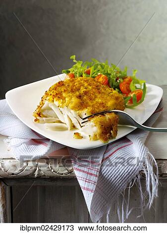 Lightly battered cod and salad View Large Photo Image Stock Image - Lightly battered cod and salad. Fotosearch