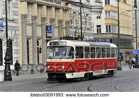 Stock Image - "Line 8 tram moving through the city centre, Prague, Czech Republic, Europe". Fotosearch