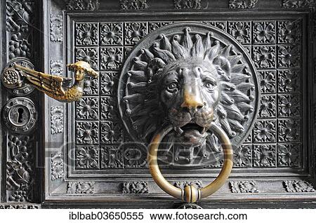 Stock Photography - "Lion head door knocker on the entrance portal, Cologne Cathedral, Cologne, Rhineland, North Rhine-Westphalia, Germany, Europe". Fotosearch