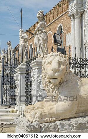 Stock Image - "Lion sculpture at the main entrance, Venetian Arsenal, Castello district, Venice, Veneto Region, Italy, Europe". Fotosearch