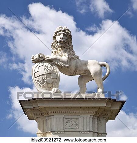 Stock Image - "Lion sculpture near Schloss Nordkirchen Palace, Nordkirchen, Westmunsterland, Munsterland, North Rhine-Westphalia, Germany, Europe". Fotosearch