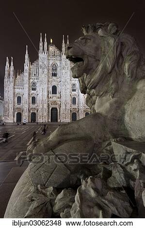 Stock Photo - "Lion sculpture on Piazza del Duomo, Cathedral Square, Milan Cathedral of Santa Maria Nascente in Milan, Piazza del Duomo, Milan, Lombardy, Italy, Europe". Fotosearch