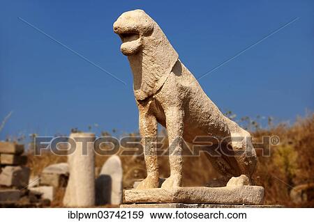 Stock Photo - "Lion sculpture, Terrace of the Lions, ruins of the Greek city of Delos, Delos Island, Cyclades, Greece, Europe". Fotosearch