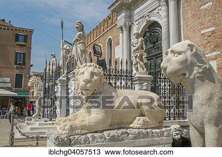 Stock Image - "Lion sculptures at the main entrance, Venetian Arsenal, Castello district, Venice, Veneto Region, Italy, Europe". Fotosearch