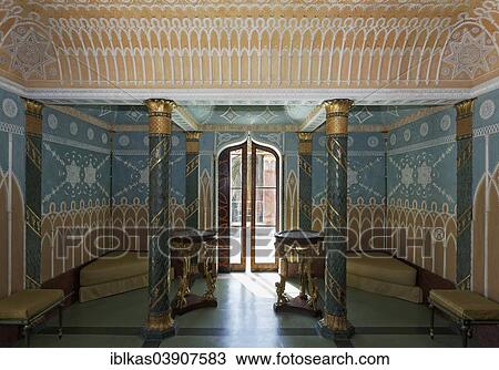 Stock Image - "Living room from the 18th century with stucco ornaments in Oriental style, former Royal Palace of the Bourbons, Palazzina Cinese or Casina Cinese, Palermo, Sicily, Italy, Europe". Fotosearch