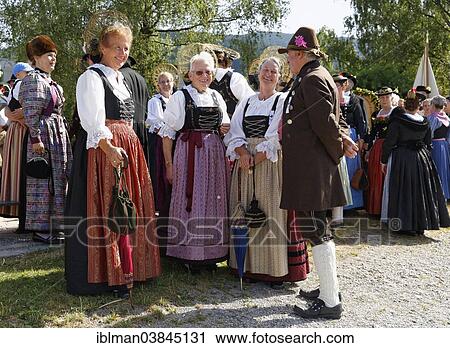 Stock Image - "local costume group from the Allgau region, Alt-Schlierseer-Kirchtag festival, Schliersee, Upper Bavaria, Bavaria, Germany, Europe". Fotosearch