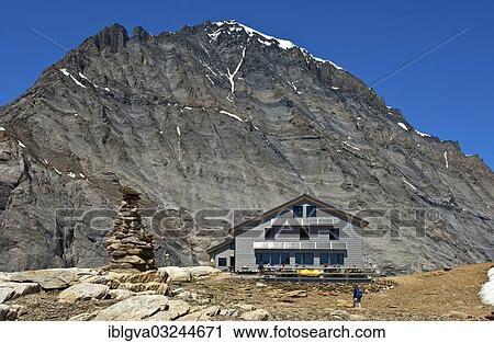 Stock Image - "Loetschenpass Hut, the first minergie hut in the Alps, east face of Balmhorn Mountain at the rear, Bernese Alps, Canton of Valais, Switzerland, Europe". Fotosearch