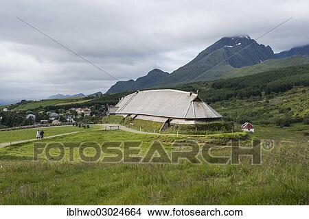 "Lofotr Viking Museum, reconstructed longhouse, mountain landscape at back, Borg/Insel Vestvagoy, Inselgruppe Lofoten,, Nordland, Northern Norway, Norway, Europe" View Large Photo Image Picture - "Lofotr Viking Museum, reconstructed longhouse, mountain landscape at back, Borg/Insel Vestvagoy, Inselgruppe Lofoten,, Nordland, Northern Norway, Norway, Europe". Fotosearch