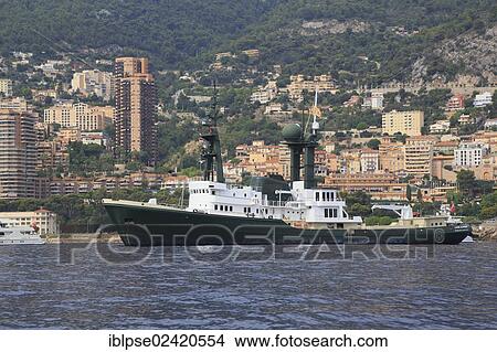 Picture - Lone Ranger, a cruiser built by Schichau Unterweser AG, length: 77. 40 m, built in 1973, converted from a tug boat into a yacht in 1995, anchored off the Principality of Monaco, French Riviera, Mediterranean Sea, Europe. Fotosearch