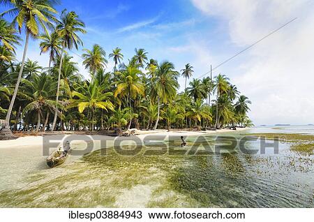 Stock Image - "Lonely beach with palm trees on a tropical island, Chichime Cays, Comarca Guna Yala, San Blas, Panama, North America". Fotosearch