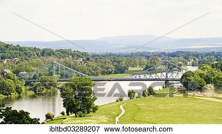 Stock Photo - "Loschwitz Bridge or """"Blue Wonder"""", from the Lingner Terraces of Villa Stockhausen or Lingner Castle, Dresden, Saxony, Germany, Europe". Fotosearch