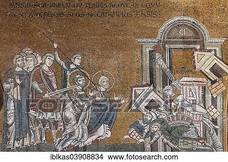 Picture - "Lot flees from Sodom, Byzantine gold ground mosaics, Cathedral of Santa Maria Nuova, Monreale Cathedral, Monreale, Province of Palermo, Sicily, Italy, Europe". Fotosearch
