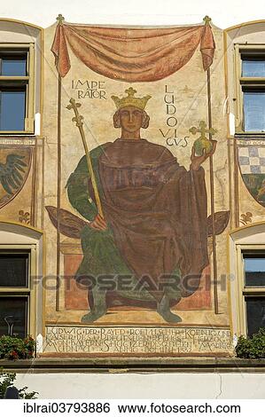 Stock Photograph - "Louis IV, Holy Roman Emperor as a fresco on the town hall, Untermarkt, Murnau am Staffelsee, Upper Bavaria, Bavaria, Germany, Europe". Fotosearch