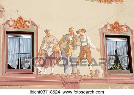 Picture - "Lueftlmalerei traditional mural and windows of Restaurant Post Hotel, Mittenwald, Werdenfelser Land, Upper Bavaria, Bavaria, Germany, Europe". Fotosearch