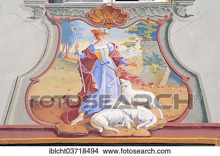 Picture - "Lueftlmalerei traditional mural on a house facade, Mittenwald, Werdenfelser Land, Upper Bavaria, Bavaria, Germany, Europe". Fotosearch