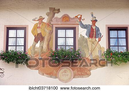 Stock Image - "Lueftlmalerei, traditional mural on Gasthof Post Klais guesthouse, Klais, Werdenfelser Land, Upper Bavaria, Bavaria, Germany, Europe". Fotosearch