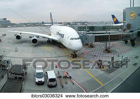 Picture - "Lufthansa A380-800 """"Frankfurt am Main"""" early in the morning before take-off, Flughafen Frankfurt, Frankfurt am Main, Hesse, Germany, Europe". Fotosearch