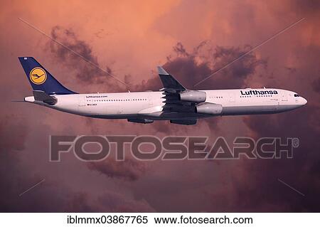 Stock Photography - Lufthansa Airbus A330-343 in flight during a storm. Fotosearch