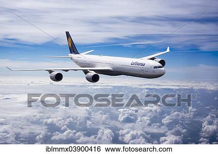Lufthansa Airbus A340 in flight View Large Photo Image Stock Photograph - Lufthansa Airbus A340 in flight. Fotosearch