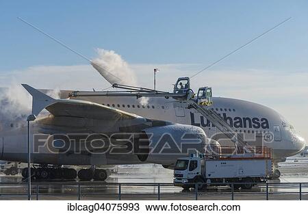 "Lufthansa Airbus A380-841 during deicing at Frankfurt Airport, Frankfurt am Main, Hesse, Germany, Europe" View Large Photo Image Stock Image - "Lufthansa Airbus A380-841 during deicing at Frankfurt Airport, Frankfurt am Main, Hesse, Germany, Europe". Fotosearch