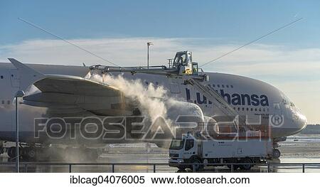"Lufthansa Airbus A380-841 during deicing at Frankfurt Airport, Frankfurt am Main, Hesse, Germany, Europe" View Large Photo Image Stock Photography - "Lufthansa Airbus A380-841 during deicing at Frankfurt Airport, Frankfurt am Main, Hesse, Germany, Europe". Fotosearch