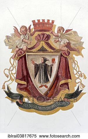 Stock Photography - "Luftlmalerei by putti with crown and the coat of arms of the city of Munich, Munchner Kindl, Oberammergau, Upper Bavaria, Bavaria, Germany, Europe". Fotosearch