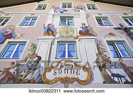 Stock Image - "Luftlmalerei, traditional mural on Hotel Sonne, Bad Hindelang, Upper Allgau, Bavaria, Germany, Europe". Fotosearch