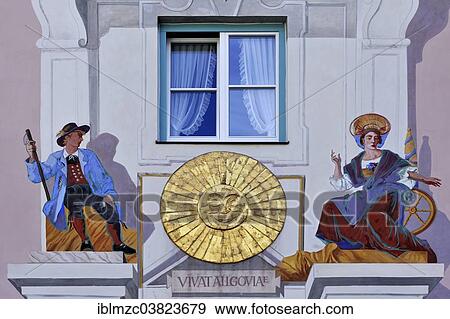 Stock Photo - "Luftlmalerei, traditional murals on the facade of Hotel """"Sonne"""", Bad Hindelang, Oberallgau, Bavaria, Germany, Europe". Fotosearch