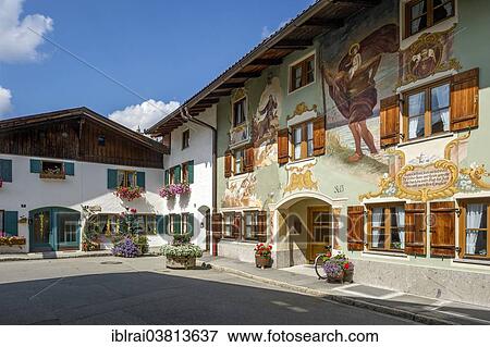 "Luftlmalerei with St. Anthony and Christopher, house """"beim Groana und beim Vere"""", Ballenhausgasse, Mittenwald, Werdenfelser Land, Upper Bavaria, Bavaria, Germany, Europe" View Large Photo Image Stock Photo - "Luftlmalerei with St. Anthony and Christopher, house """"beim Groana und beim Vere"""", Ballenhausgasse, Mittenwald, Werdenfelser Land, Upper Bavaria, Bavaria, Germany, Europe". Fotosearch