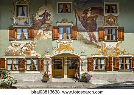 "Luftlmalerei with St. Anthony and Christopher, house """"beim Groana und beim Vere"""", Ballenhausgasse, Mittenwald, Werdenfelser Land, Upper Bavaria, Bavaria, Germany, Europe" View Large Photo Image Stock Photo - "Luftlmalerei with St. Anthony and Christopher, house """"beim Groana und beim Vere"""", Ballenhausgasse, Mittenwald, Werdenfelser Land, Upper Bavaria, Bavaria, Germany, Europe". Fotosearch