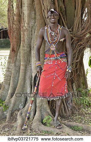 "Maasai warrior wearing traditional dress and standing in a typical pose on one leg, near Enkutoto, Masai Mara, Rift Valley Province, Kenya, Africa" View Large Photo Image Stock Photography - "Maasai warrior wearing traditional dress and standing in a typical pose on one leg, near Enkutoto, Masai Mara, Rift Valley Province, Kenya, Africa". Fotosearch