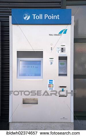 Stock Photo - "Machines to pay the motorway tolls, toll point, toll collect, Wasserbillig Cavestellux motorway station, Rhineland-Palatinate, Germany, Europe, PublicGround, Europe". Fotosearch