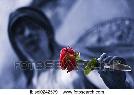 Stock Image - "Madonna and rose (Rosa), Alter Sudfriedhof cemetery, Munich, Bavaria, Germany, Europe". Fotosearch