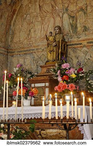 Stock Image - "Madonna Notre Dame la Brune, The Brown Madonna, made of cedar in the early 12th century, Abbey Church of St. Philibert, Burgundy region, department of Saone-et-Loire, France, Europe". Fotosearch