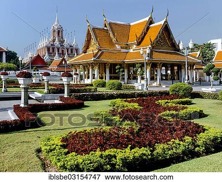 Stock Photo - "Mahajetsadabodin Royal Pavilion and Loha Prasat, Wat Ratchanaddaram, Bangkok, Central Thailand, Thailand, Asia". Fotosearch