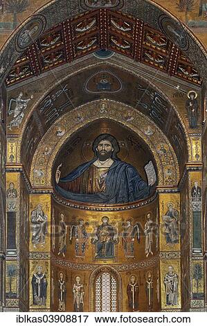 "Main apse with the """"Sustainer of the World"""" or Christ Pantocrator, Byzantine gold ground mosaics, Cathedral of Santa Maria Nuova, Monreale Cathedral, Monreale, Province of Palermo, Sicily, Italy, Europe" View Large Photo Image Stock Photo - "Main apse with the """"Sustainer of the World"""" or Christ Pantocrator, Byzantine gold ground mosaics, Cathedral of Santa Maria Nuova, Monreale Cathedral, Monreale, Province of Palermo, Sicily, Italy, Europe". Fotosearch