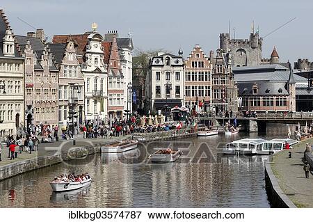 "Main canal, medieval guild houses, excursion boats, Ghent, Flemish Region, Belgium, Europe" View Large Photo Image Stock Photo - "Main canal, medieval guild houses, excursion boats, Ghent, Flemish Region, Belgium, Europe". Fotosearch