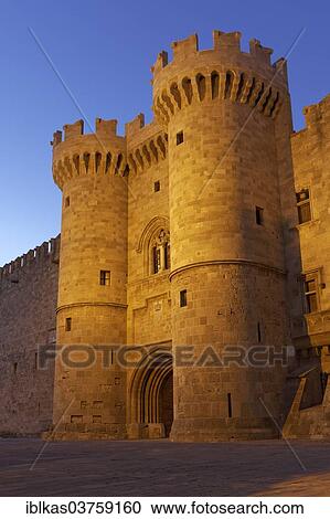 Stock Image - "Main entrance with medieval towers, Palace of the Grand Master of the Knights of Rhodes, City of Rhodes, Island of Rhodes, Dodecanese Islands, Greece, Europe". Fotosearch