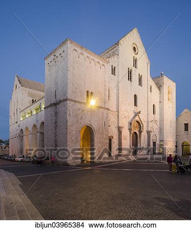 "Main facade of the Cathedral Basilica di San Nicola, start of construction in 1087, Romanesque style, blue hour, dusk, Bari, Apulia, Italy, Europe" View Large Photo Image Picture - "Main facade of the Cathedral Basilica di San Nicola, start of construction in 1087, Romanesque style, blue hour, dusk, Bari, Apulia, Italy, Europe". Fotosearch