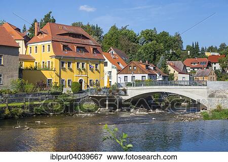 Stock Photo - "Main Spree river with the Alte Gerberei Hotel and the Spree bridge, Bautzen, Saxony, Germany, Europe". Fotosearch