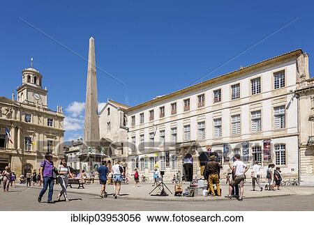 Stock Photograph - "Main square in the historic center of Arles, Place de la Republique, Arles, Bouches-du-Rhone, Provence-Alpes-Cote d'Azur, Southern France, France, Europe". Fotosearch