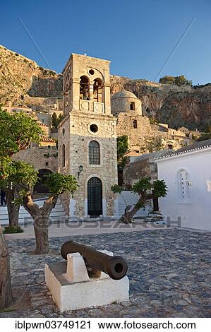 Stock Image - "Main square of the lower town with the bell tower of the Byzantine Greek-Orthodox Church of Christ Elkomenos, Monemvasia, Peloponnese, Greece, Europe". Fotosearch