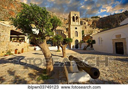"Main square of the lower town with the bell tower of the Byzantine Greek-Orthodox Church of Christ Elkomenos, Monemvasia, Peloponnese, Greece, Europe" View Large Photo Image Stock Image - "Main square of the lower town with the bell tower of the Byzantine Greek-Orthodox Church of Christ Elkomenos, Monemvasia, Peloponnese, Greece, Europe". Fotosearch