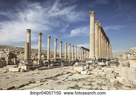 Stock Image - "Main street Cardo Maximus, columns, ancient Roman city of Jerash, part of the Decapolis, Jerash, Jerash Governorate, Jordan, Asia". Fotosearch