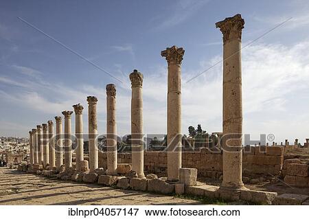 Stock Photo - "Main street Cardo Maximus, columns, ancient Roman city of Jerash, part of the Decapolis, Jerash, Jerash Governorate, Jordan, Asia". Fotosearch
