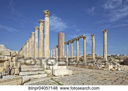 Stock Photo - "Main street Cardo Maximus, columns, ancient Roman city of Jerash, part of the Decapolis, Jerash, Jerash Governorate, Jordan, Asia". Fotosearch