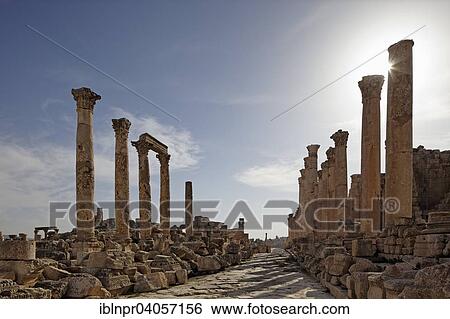 Stock Photograph - "Main street Cardo Maximus, columns, ancient Roman city of Jerash, part of the Decapolis, Jerash, Jerash Governorate, Jordan, Asia". Fotosearch