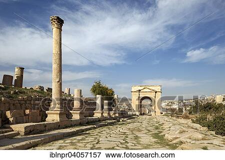 "Main street Cardo Maximus, North Gate, columns, ancient Roman city of Jerash, part of the Decapolis, Jerash, Jerash Governorate, Jordan, Asia" View Large Photo Image Stock Photo - "Main street Cardo Maximus, North Gate, columns, ancient Roman city of Jerash, part of the Decapolis, Jerash, Jerash Governorate, Jordan, Asia". Fotosearch